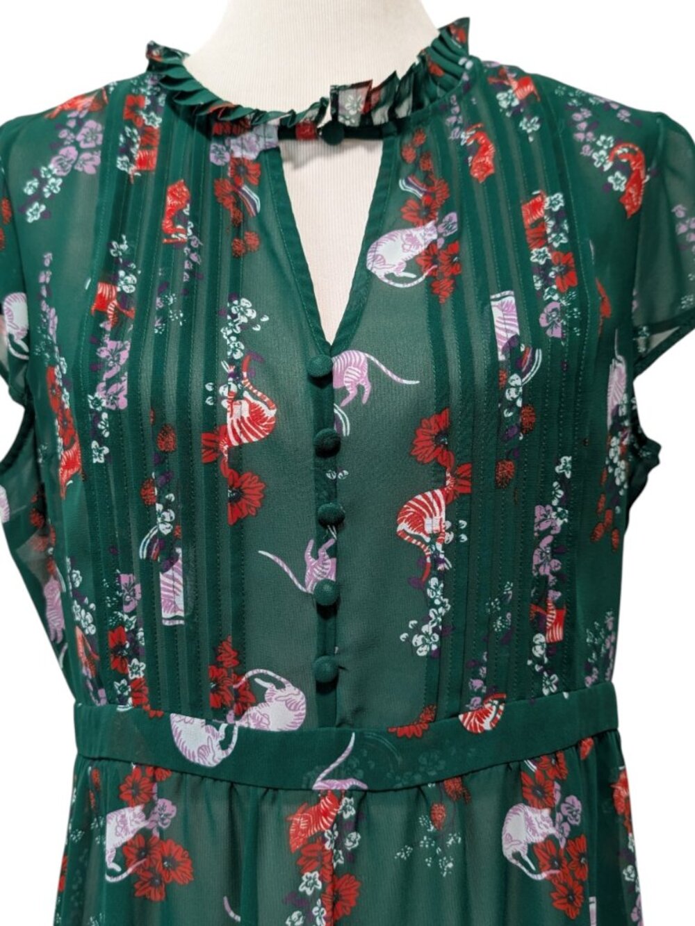 Modcloth Womens Size XL Green Floral Kitty Cats Sheer Ruffle Neck Retro Dress - Picture 5 of 12